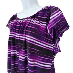 Worthington Purple Black White Striped Flutter Sleeve Top Blouse Size XL